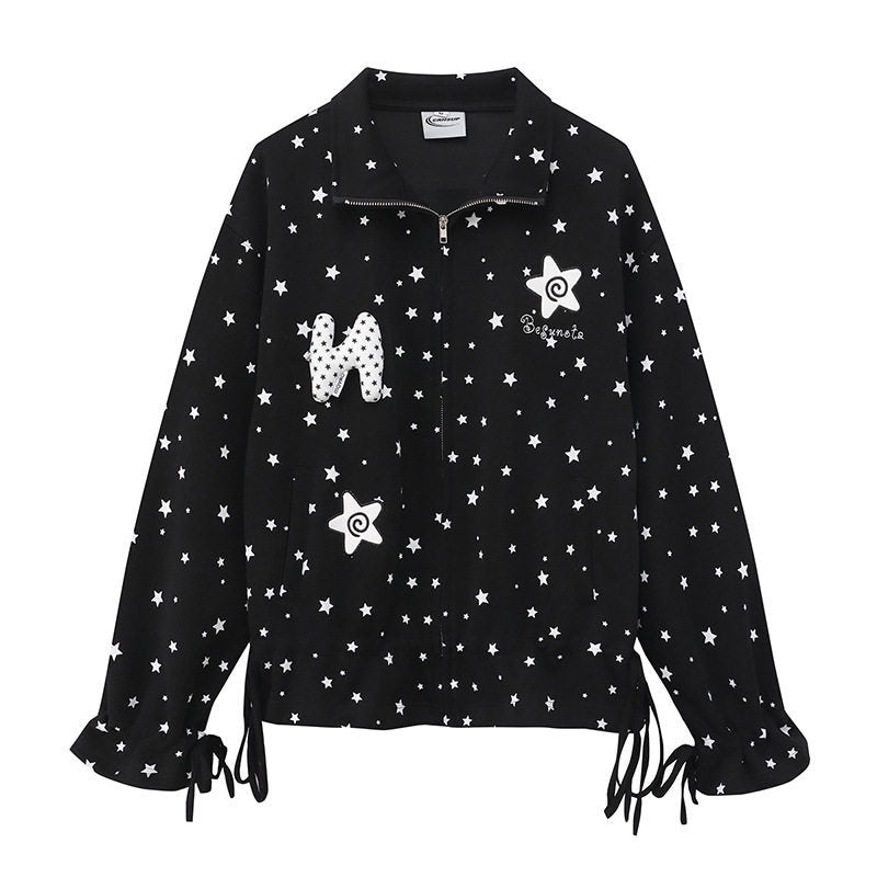 Damen leichte Stehkragen-Sweatjacke mit Sternen-Allover, Applikationen und Kordelzug Drune