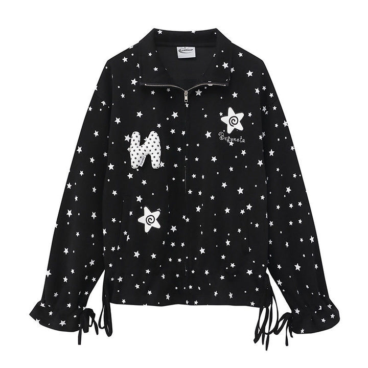 Damen leichte Stehkragen-Sweatjacke mit Sternen-Allover, Applikationen und Kordelzug Drune