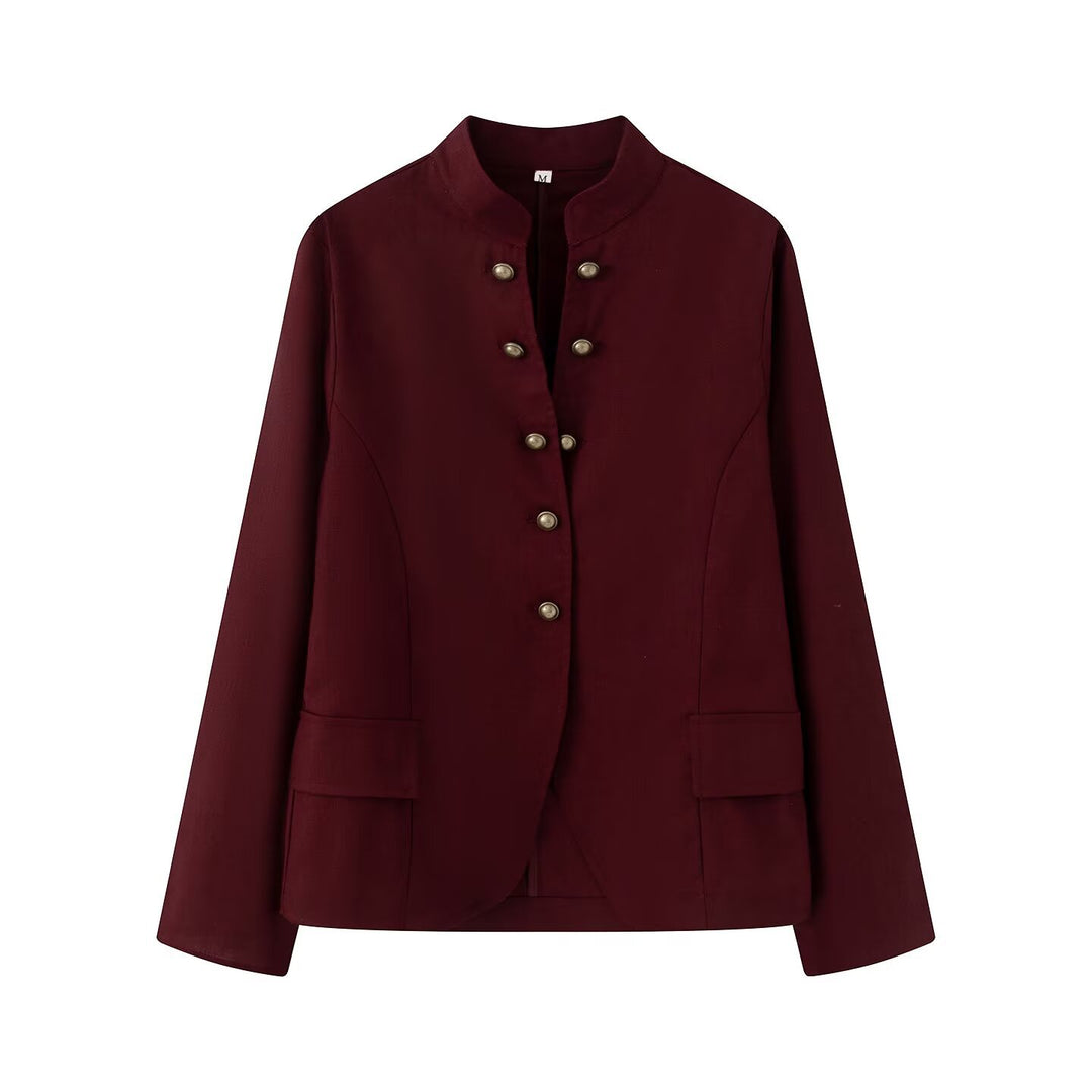 Damen Elegante Kurzjacke mit Stehkragen, Zierriegelknöpfen und Pattentaschen Drune