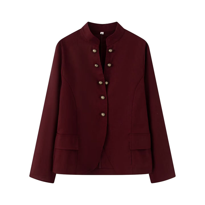 Damen Elegante Kurzjacke mit Stehkragen, Zierriegelknöpfen und Pattentaschen Drune