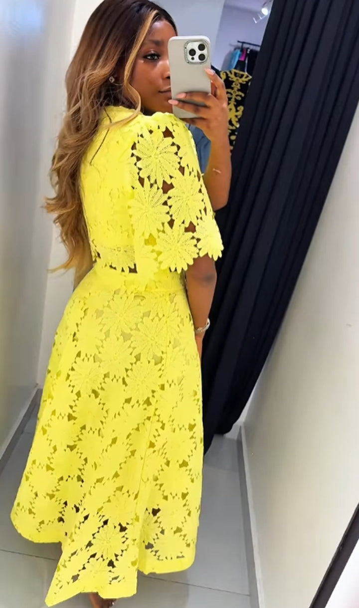 Damen nan zweiteiliges florales Spitzenkleid mit Midirock und kurzem Oberteil Drune