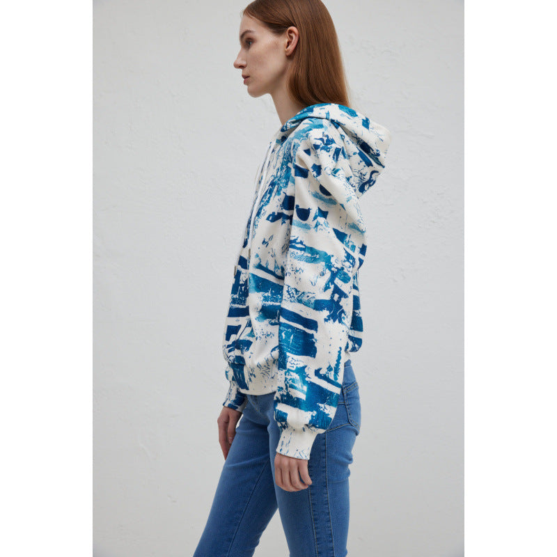 Damen Kapuzenpullover mit modischem Rüschendesign und kreativem Druck Drune