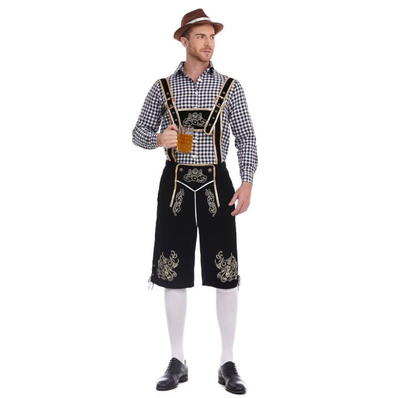 Herren nan Filzoptik-Lederhose knielang mit barocker Stickerei, verstellbaren Trägern und Dekornieten Drune