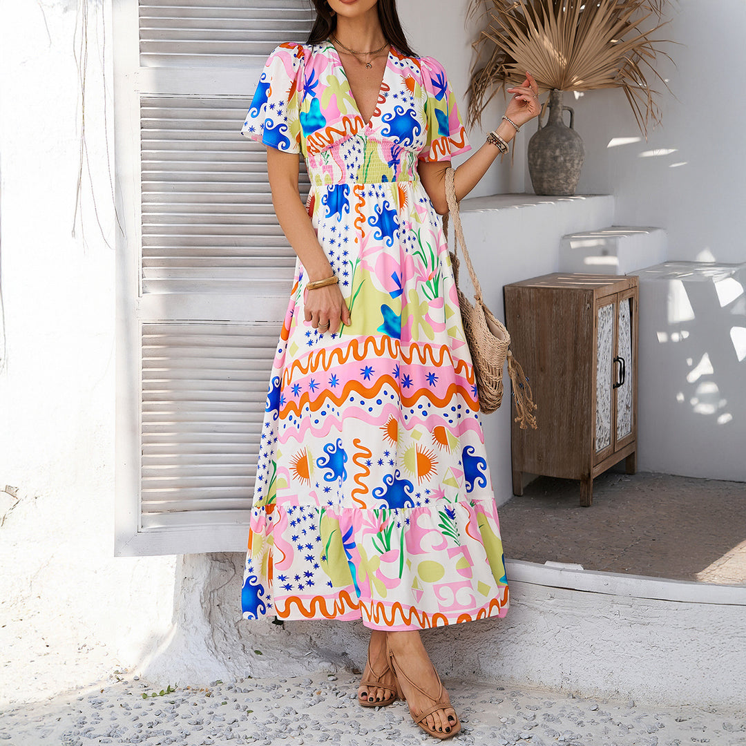 Damen Maxikleid mit raffiniertem V-Ausschnitt und eleganter Raffung Drune