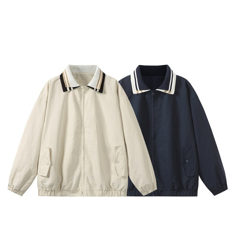 Herren Leichte Harrington‑Style Bomberjacke mit gestreiftem Rippkragen und Druckknopf‑Taschen Drune