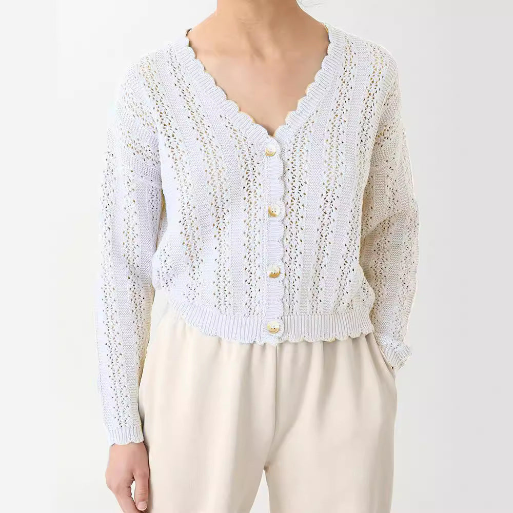 Damen Strickjacke mit filigranem Lochmuster und Wellenabschlüssen Drune