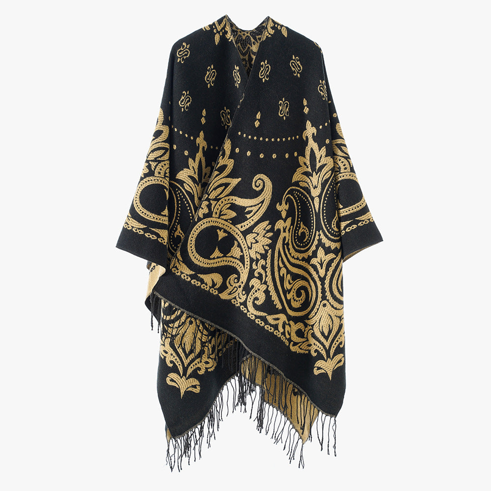 Damen Opulenter Jacquard‑Poncho im Kaftan‑Stil mit Fransen und Paisley‑Relief Drune