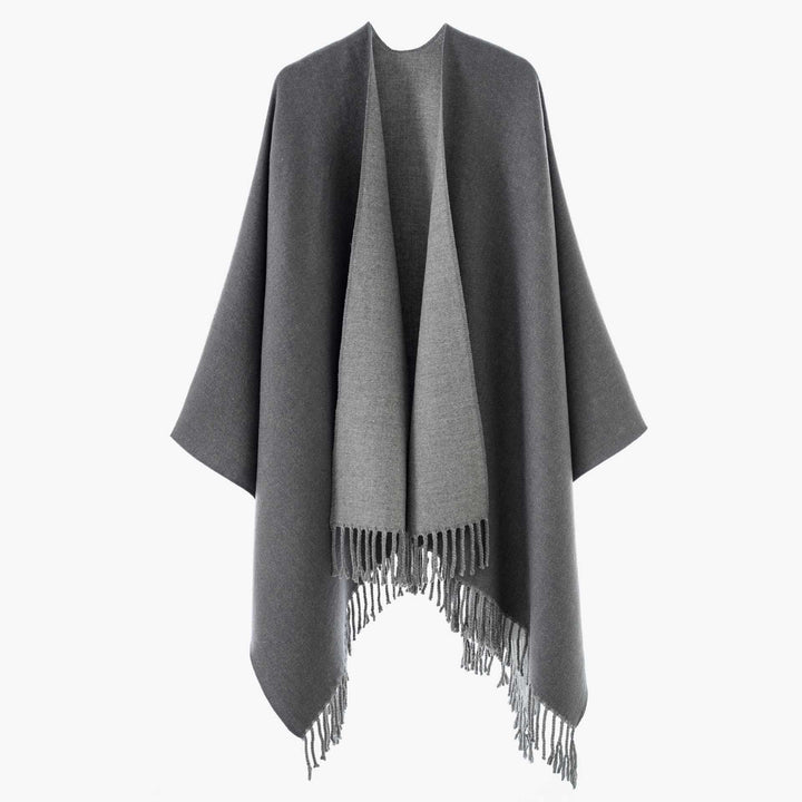 Damen Edler Umlegeponcho mit Reversoptik und Fransenabschluss Drune