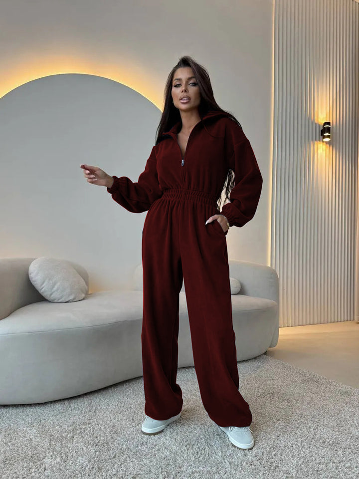 Damen eleganter Lounge-Overall mit elastischer Taillenpartie, Stehkragen, Reißverschluss und weitem Bein Drune