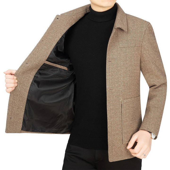 Herren Fischgrät-Übergangsjacke mit Stehkragen und aufgesetzten Taschen Drune