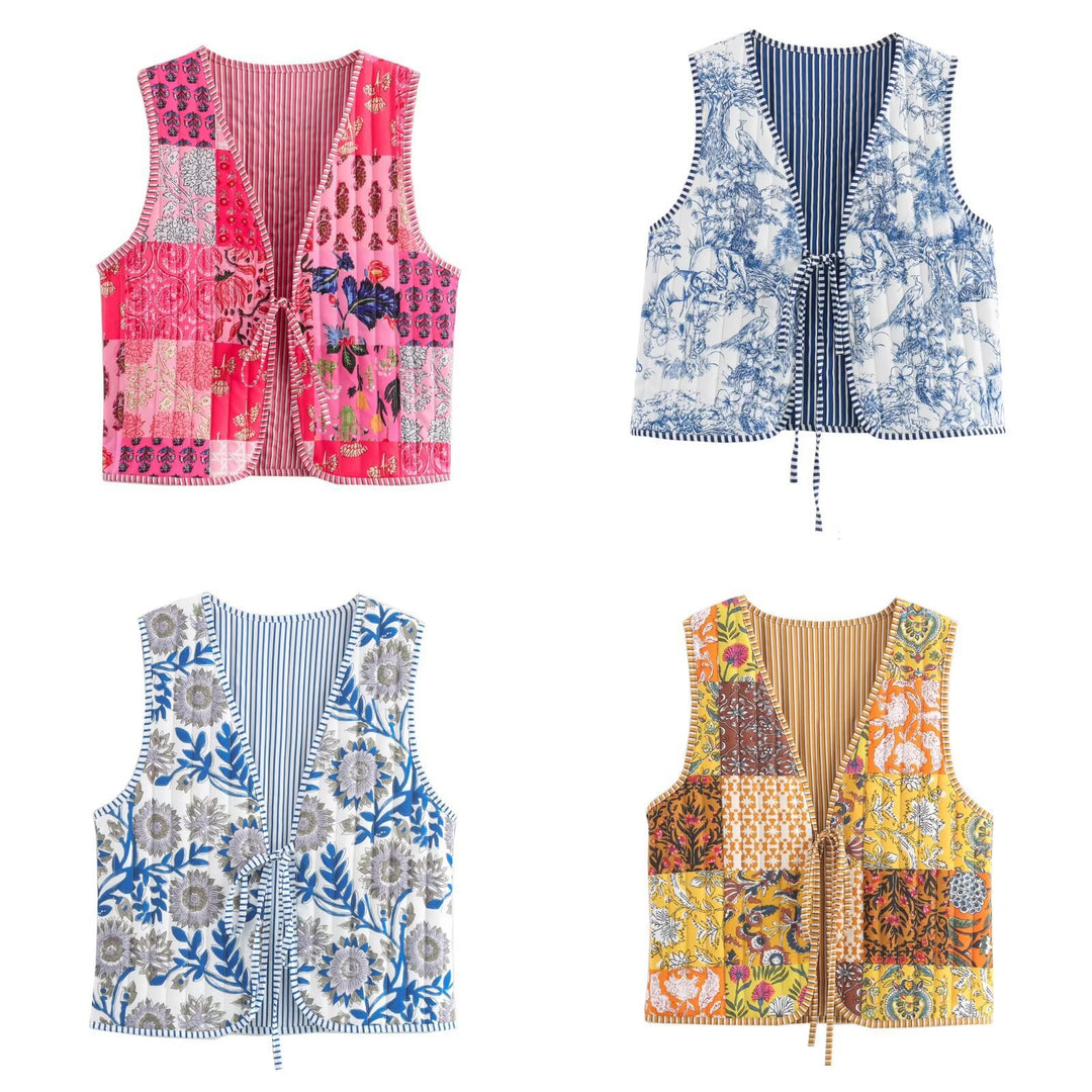 Damen Gesteppte Weste mit Toile‑Print, gestreifter Innenverarbeitung und Kordelbindung Drune