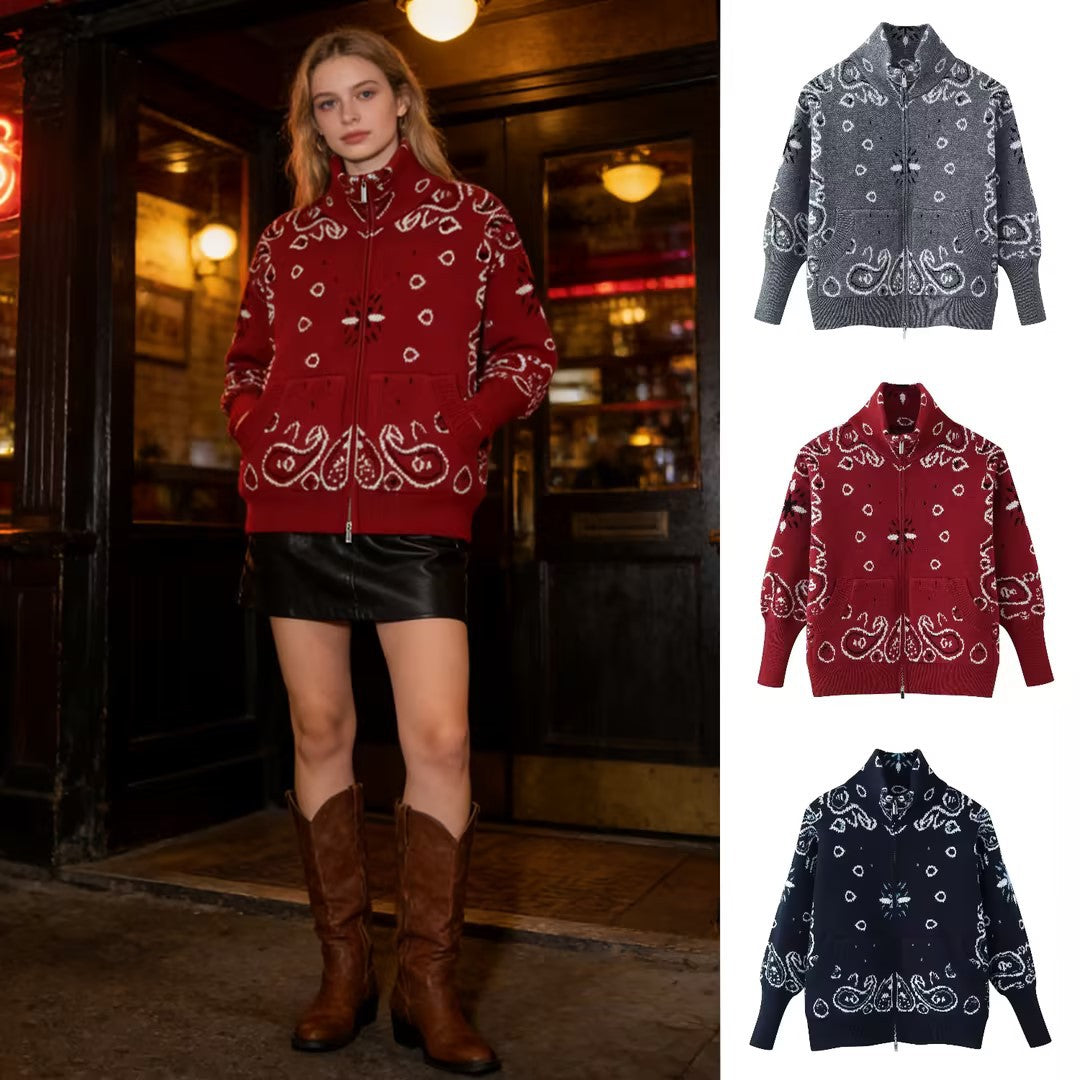 Damen Grobgestrickte Zip-Strickjacke mit Stehkragen und Paisley‑Jacquard Drune