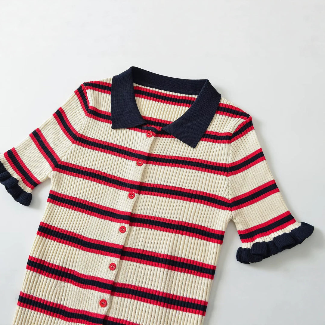 Damen Gerippte Kurzarm-Polokragen-Strickjacke mit Volantbündchen Drune