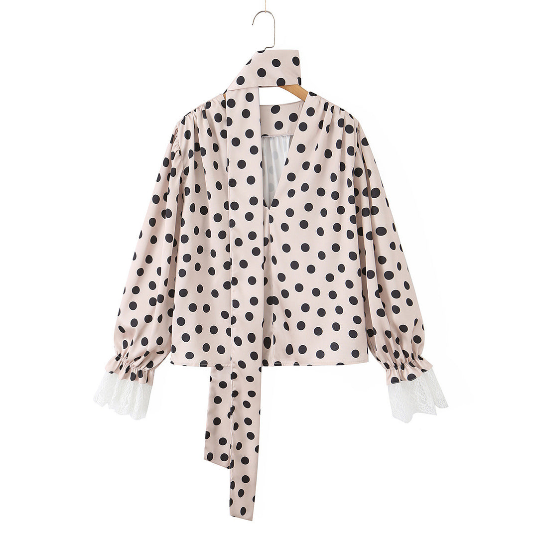 Damen Maxikleid im Retro‑Polka‑Dot‑Stil mit Spitzenbesatz und Taillengürtel Drune