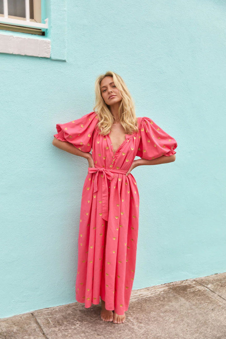 Damen Sommerkleid mit Puffärmeln und goldenen Details Drune