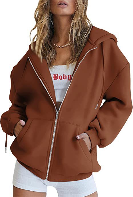 Damen nan oversized Kapuzenjacke mit durchgehendem Reißverschluss Kängurutaschen und weichem Sweatmaterial Drune