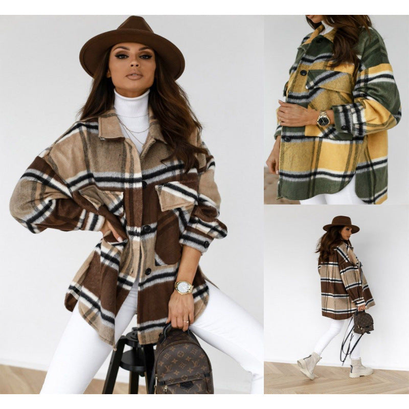 Damen Oversized Flanelljacke mit Karomuster und Taschen Drune