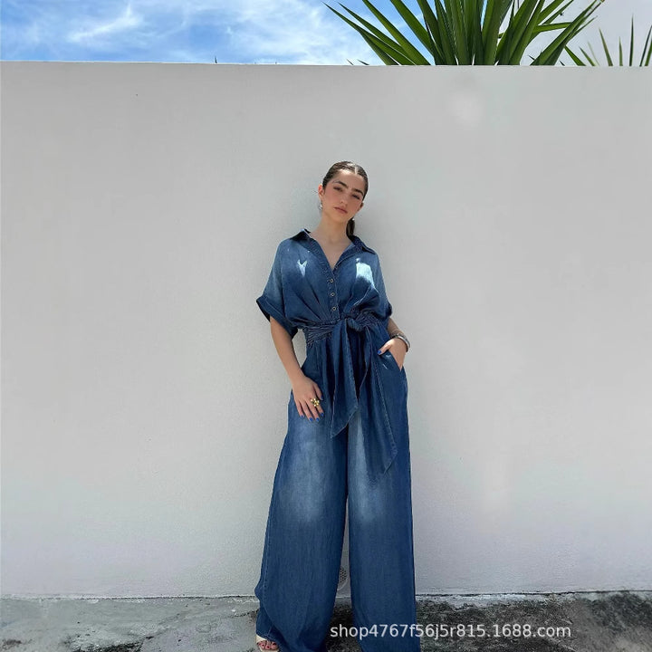 Damen lässiger Denim-Overall mit weitem Bein und praktischen Taschen Drune