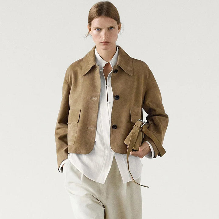 Damen modische Kurzjacke mit praktischen Brusttaschen und aufgesetzten Knöpfen Drune