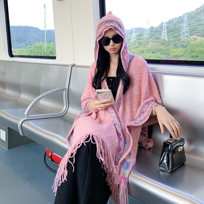 Damen Kapuzenponcho mit Fransen und gewebten Bordüren-Details Drune
