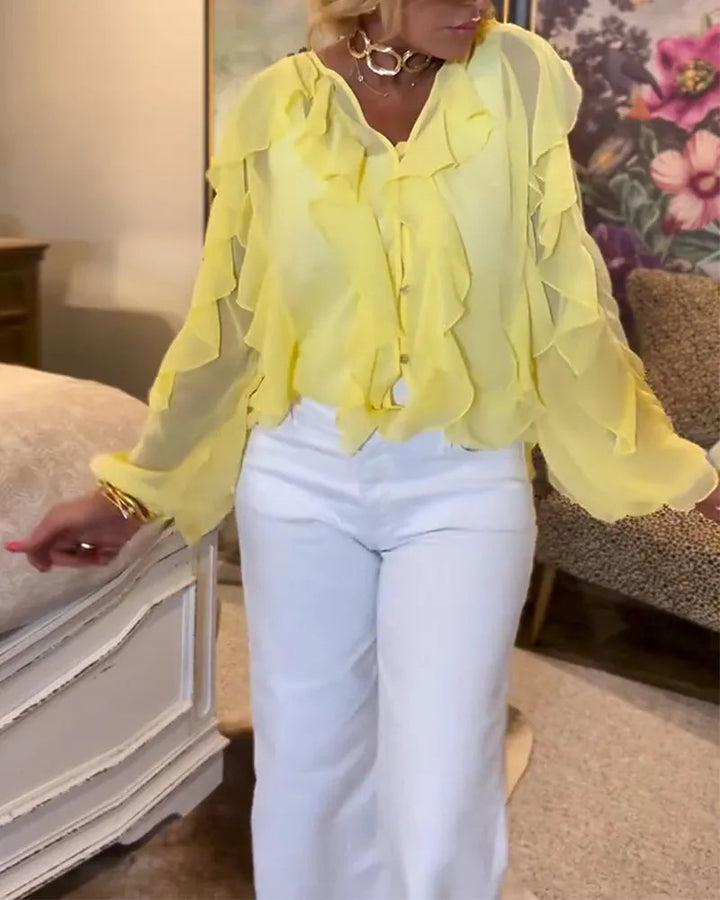 Damen nan semitransparente Lagenvolant-Bluse aus Chiffon mit Ballonärmeln und verdeckter Knopfleiste Drune