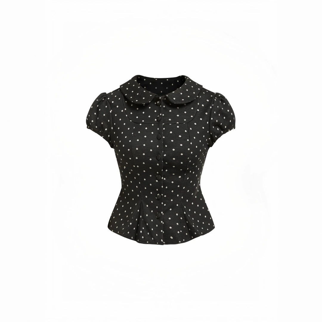 Damen Karo-Bluse mit Bubikragen, Taillierter Peplum-Silhouette und Puffärmeln Drune