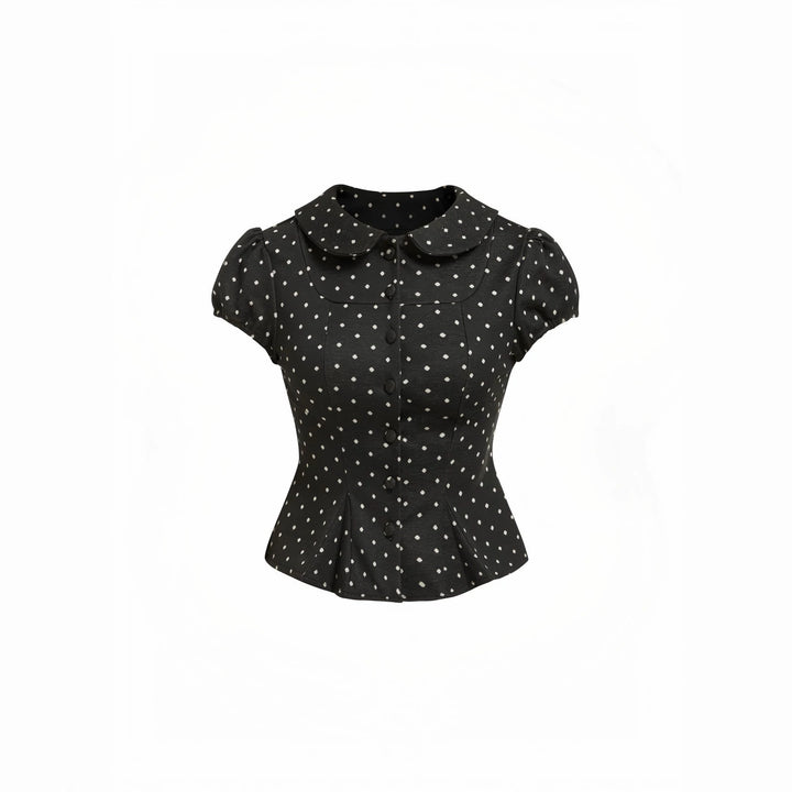 Damen Karo-Bluse mit Bubikragen, Taillierter Peplum-Silhouette und Puffärmeln Drune