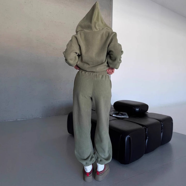 Damen kuscheliges Fleece-Hoodie und Jogginghose Lounge-Set mit Reißverschluss Kapuze elastischem Bund Drune