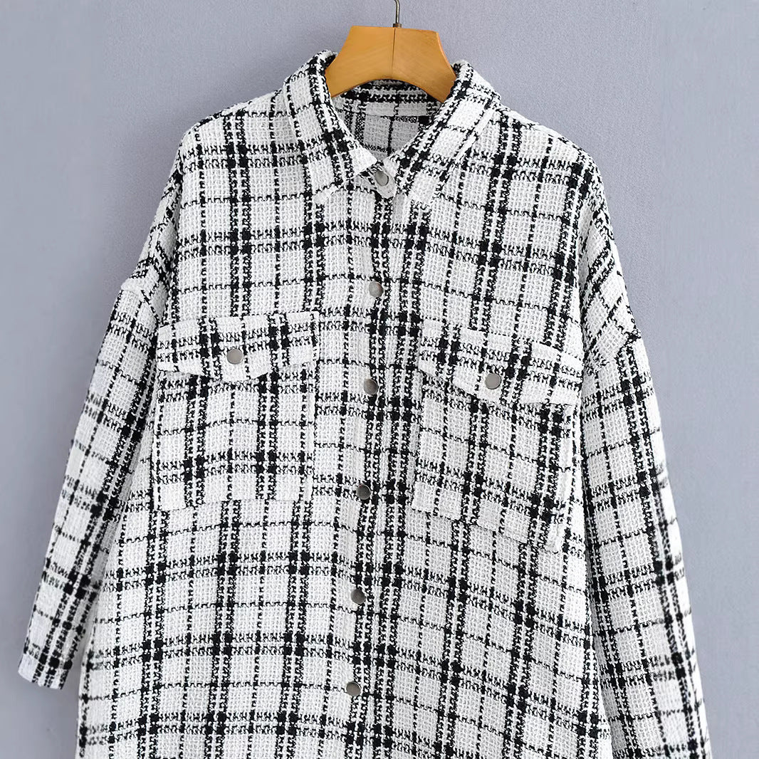 Damen Oversized Tweed-Hemdjacke mit Brusttaschen und fransigem Saum Drune