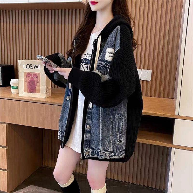 Damen Oversized Denim-Jacke mit Strickelementen Drune