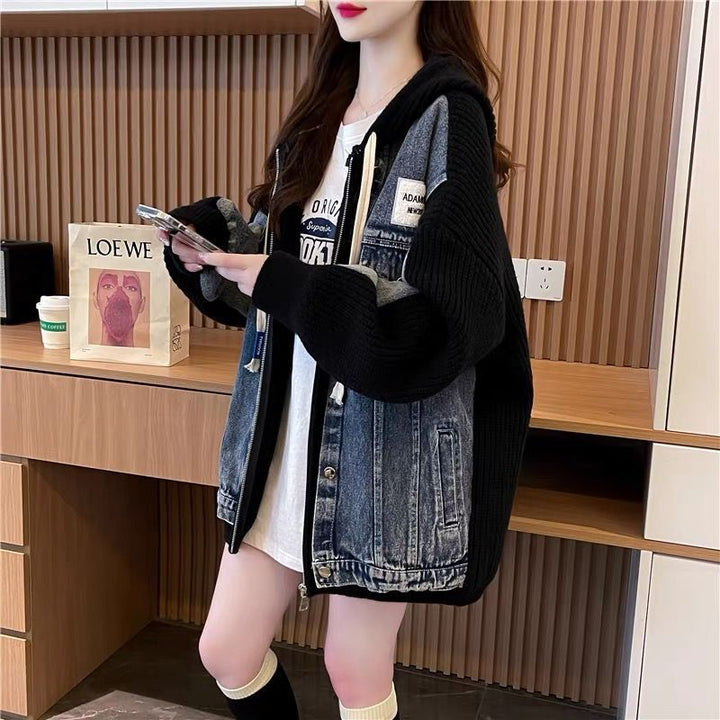 Damen Oversized Denim-Jacke mit Strickelementen Drune