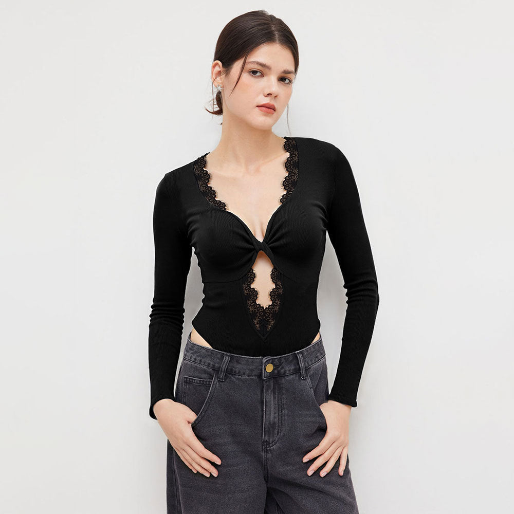 Damen Bodysuit mit tiefem V-Ausschnitt und zarter Spitzenapplikation Drune