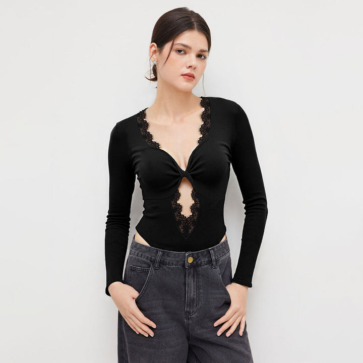 Damen Bodysuit mit tiefem V-Ausschnitt und zarter Spitzenapplikation Drune