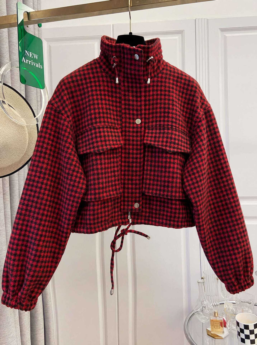 Damen Karo-Cropped-Jacke mit Stehkragen, Tunnelzug und elastischen Bündchen Drune