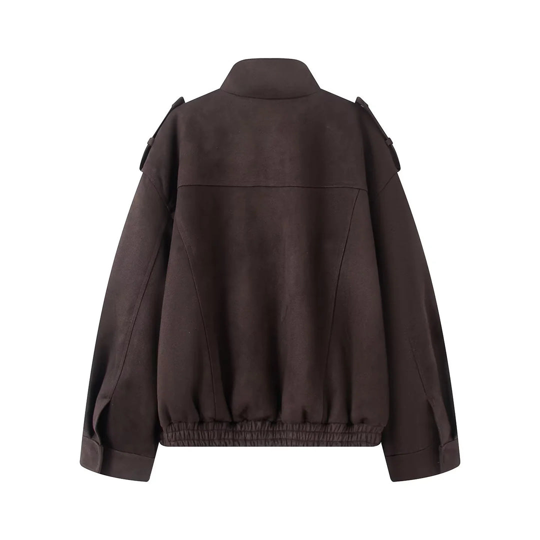 Damen nan kastiger Wollmix-Bomber mit Schulterklappen, Pattentaschen und elastischem Saum Drune
