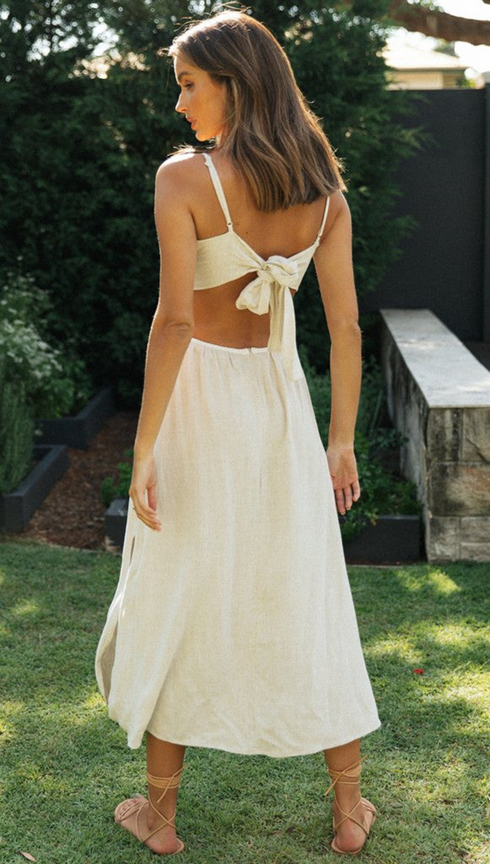 Damen Maxi-Kleid mit verspieltem Rückenausschnitt und hohem Schlitz Drune