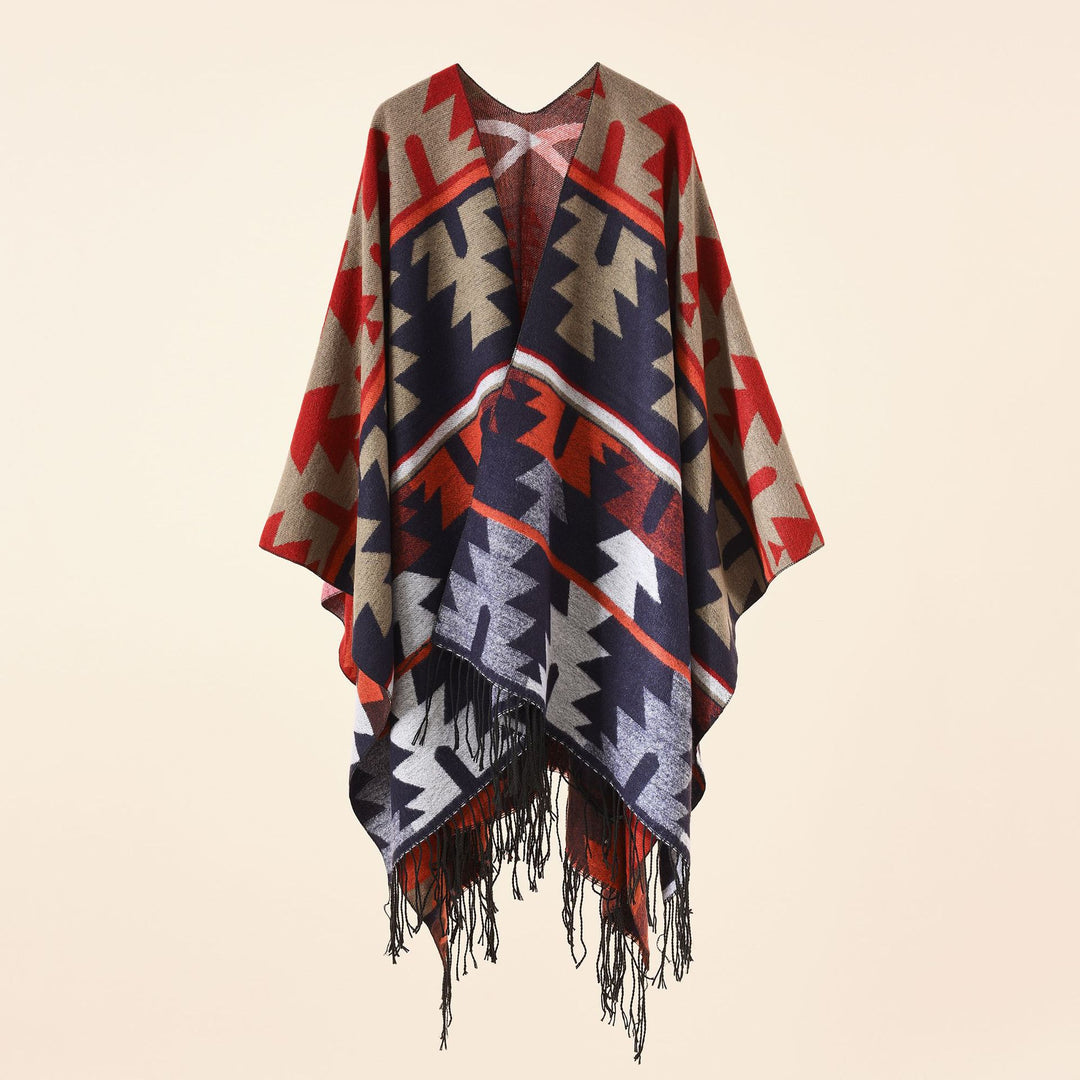 Damen Oversize-Ruana mit V‑Ausschnitt, grobem Jacquardmuster und langen Fransen Drune