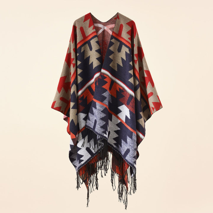 Damen Oversize-Ruana mit V‑Ausschnitt, grobem Jacquardmuster und langen Fransen Drune
