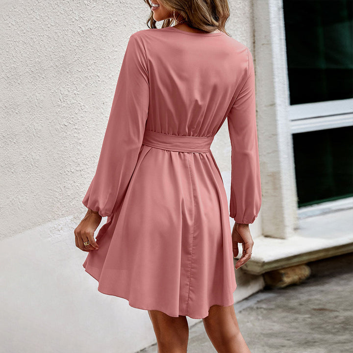 Damen gerafftes Wickel-Minikleid mit Stufenrock Bindegürtel und Volantdetails Drune