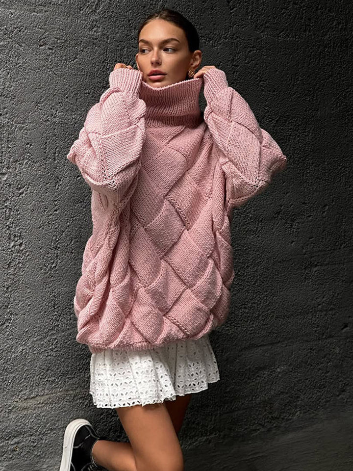 Damen Oversize Strickpullover mit Rollkragen, Zopfmuster und voluminösen Ballonärmeln Drune