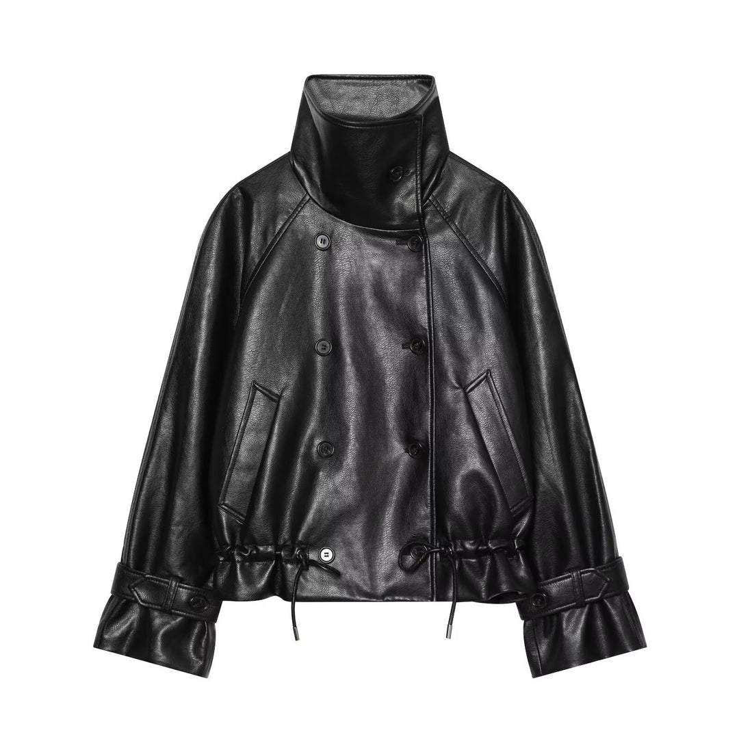 Damen Kurze Lederimitat-Jacke mit hohem Stehkragen, Doppelreihe und Kordelzugbund Drune