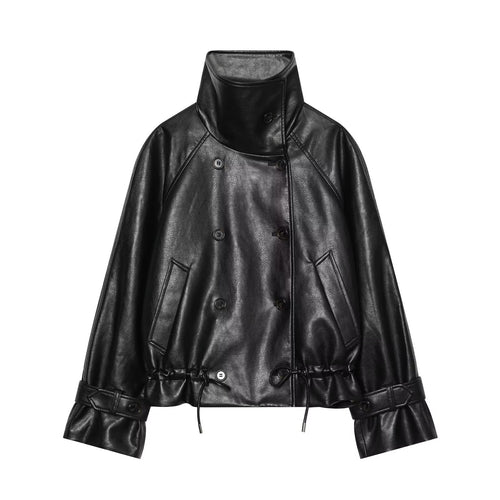Damen Kurze Lederimitat-Jacke mit hohem Stehkragen, Doppelreihe und Kordelzugbund Drune