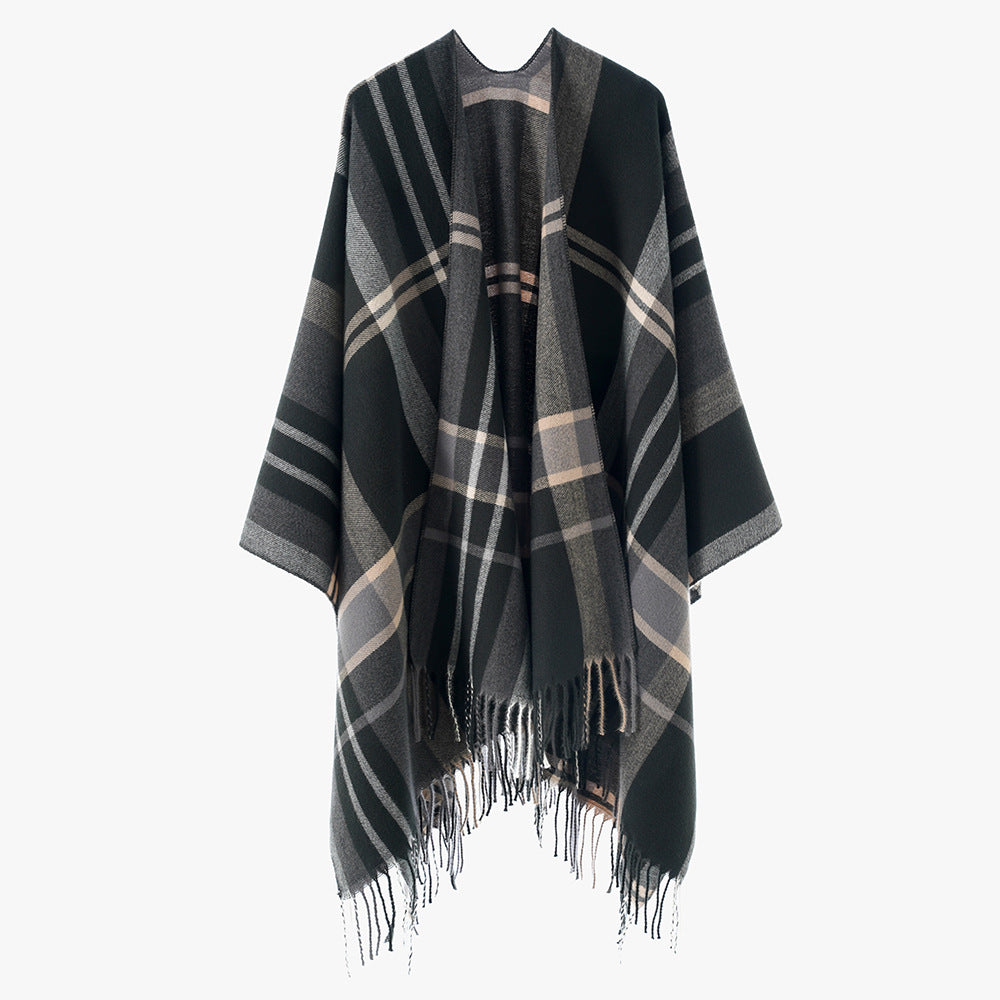 Damen Oversize Poncho-Cape mit Karomuster und Fransen Drune