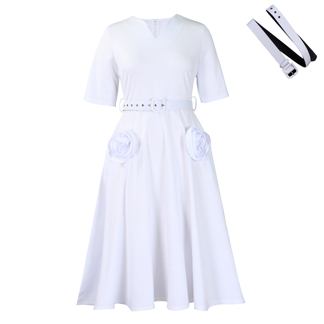 Damen elegantes Midi-Kleid mit Blumenapplikationen und Taillengürtel Drune