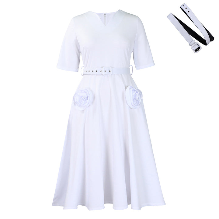 Damen elegantes Midi-Kleid mit Blumenapplikationen und Taillengürtel Drune
