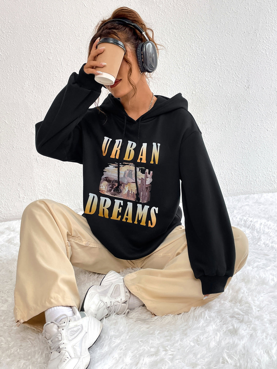 Damen Oversized Hoodie mit urbanem Print und Kapuze Drune