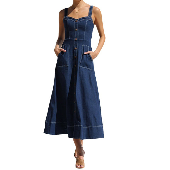 Damen Langes Denim-Kleid mit Knopfleiste und Taschen Drune
