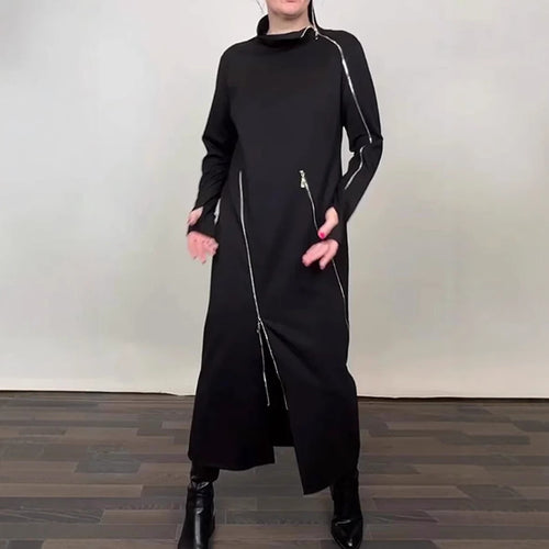 Damen nan langes Strickkleid mit asymmetrischen Metallreißverschlüssen und Frontschlitz Drune