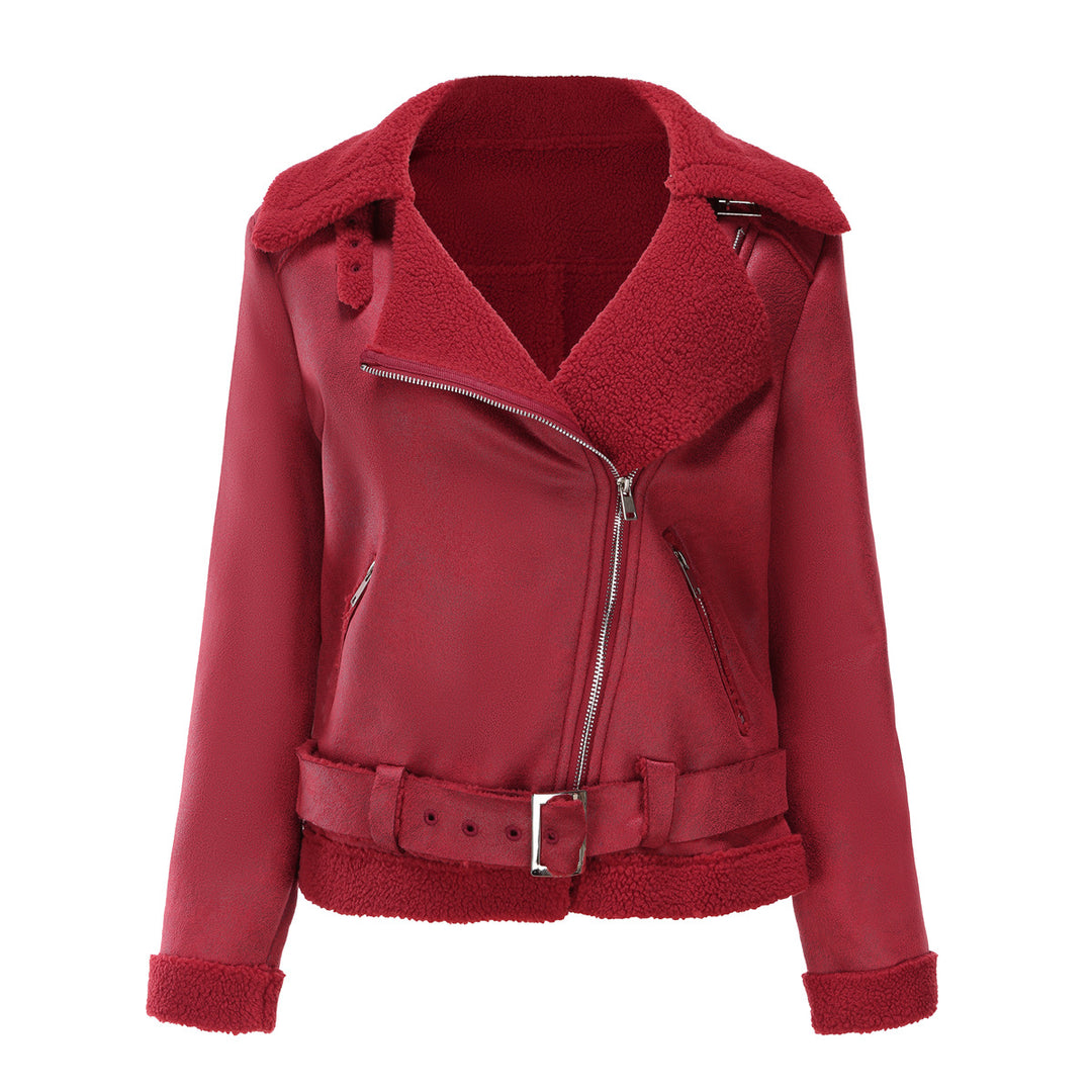 Damen modische Lammfelljacke mit asymmetrischem Reißverschluss und Taillengürtel Drune