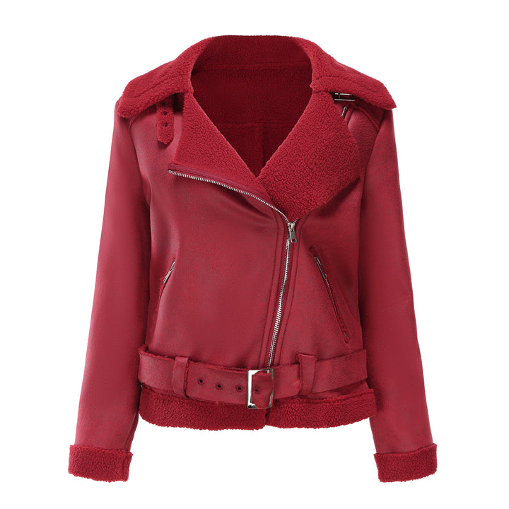 Damen modische Lammfelljacke mit asymmetrischem Reißverschluss und Taillengürtel Drune